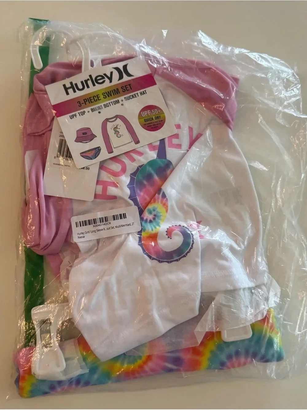 Hurley Toddler Girls' Pink Seahorse Rash Guard Set Tie-Dye Bottoms & Hat, NWT